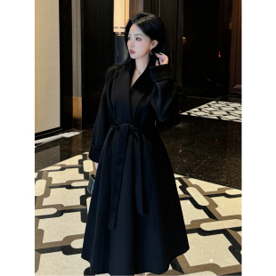 黑色双面羊绒大衣女款2025新款秋冬季高级感中长款过膝羊毛呢外套