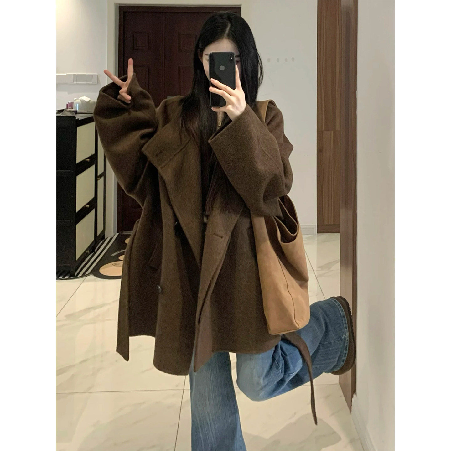 咖色双面羊毛大衣女款2026新款秋冬季高级感短款小个子羊毛呢外套图片