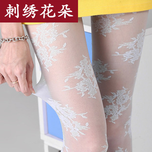 丝袜打底裤袜夏季薄款带花朵图案连裤袜刺绣花纹可爱白色印花长袜