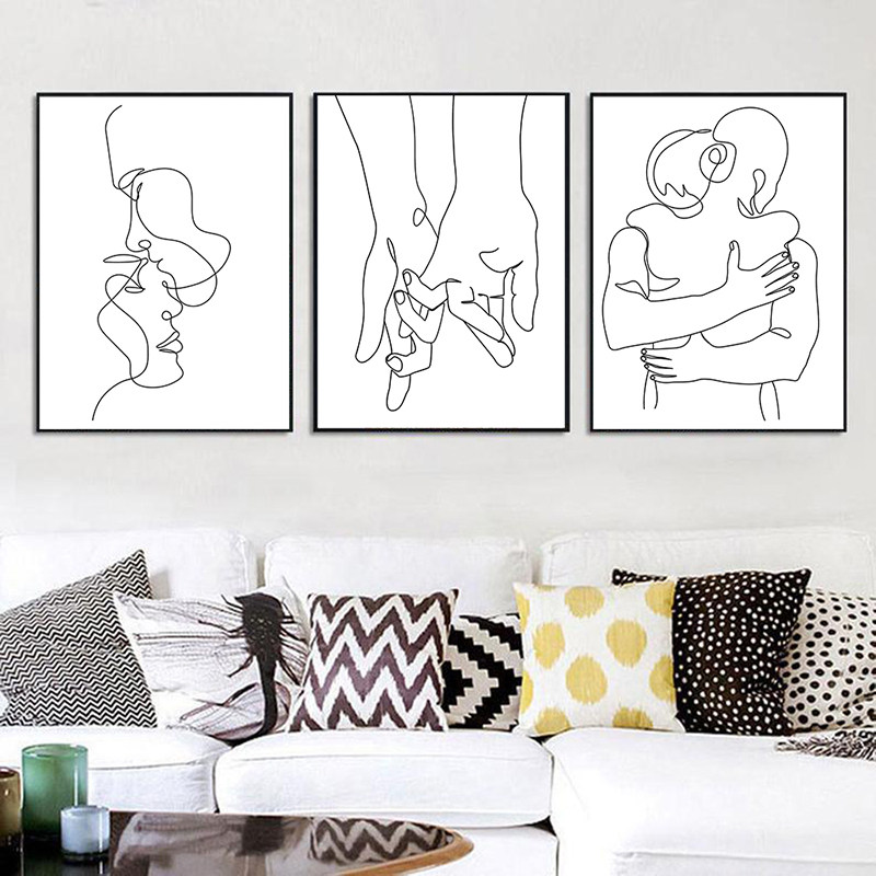 Line Drawing Couple Hand Love Kiss Wall Art Canvas Painting