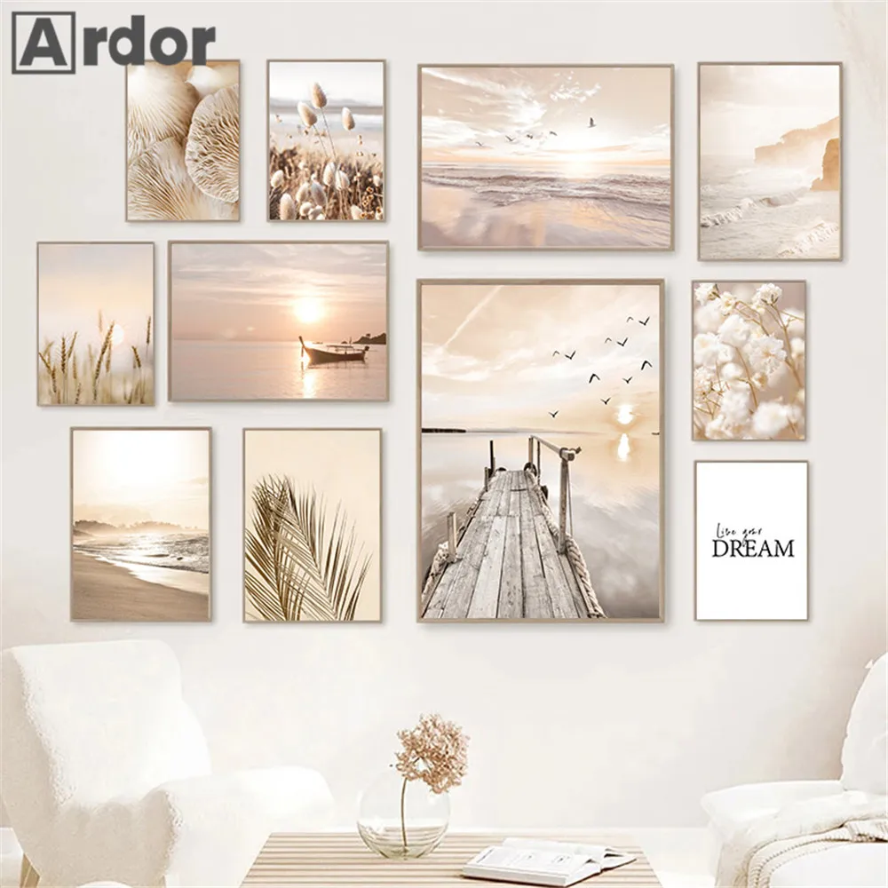 Sunset Sea Lake Boat Bridge Paint Seagull Beach Art Poster