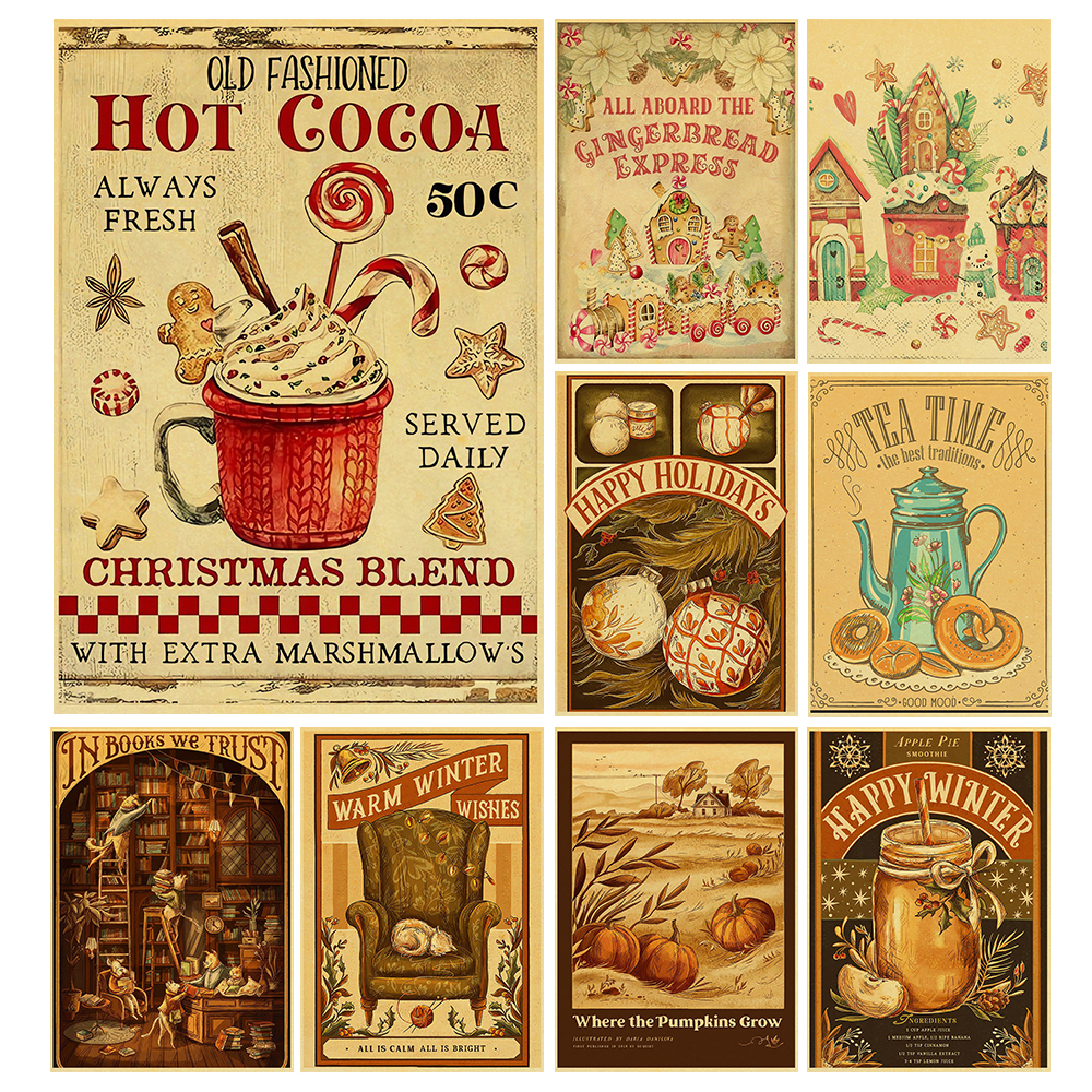 Retro Christmas Cocoa Dessert Posters Vintage Living Picture