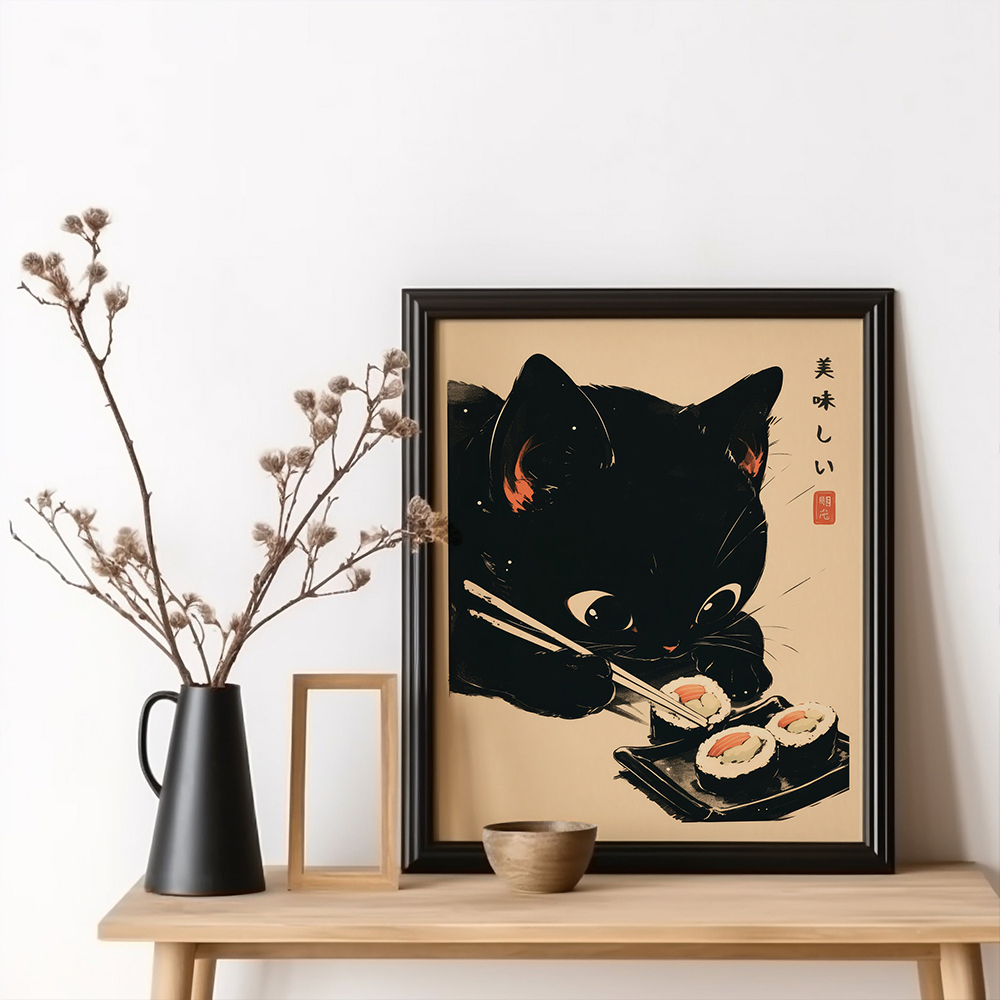 Retro Cute Animals Food Japanese Sushi Chef Black Cat Poster