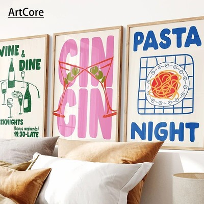 Wine Cheers Posters Pasta Night Food Print Canvas Art Poster