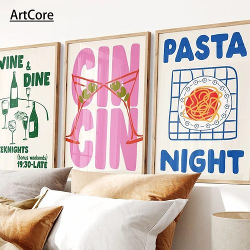 Wine Cheers Posters Pasta Night Food Print Canvas Art Poster