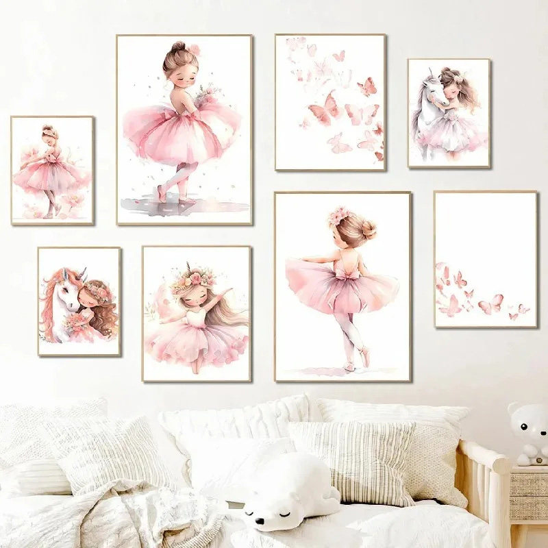 Pink Ballerina Girl Unicorn Butterfly Poster Kids Room Decor