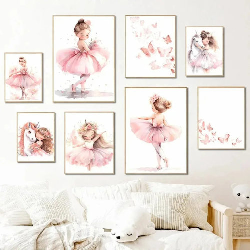 Pink Ballerina Girl Unicorn Butterfly Poster Kids Room Decor