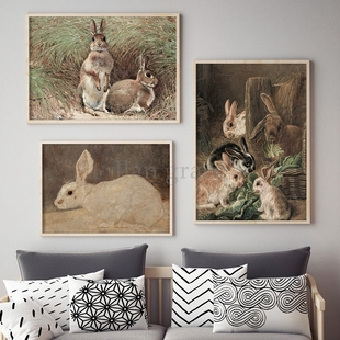 Rabbit Vintage Oil Painting Canvas Art Prints Nursery Poster