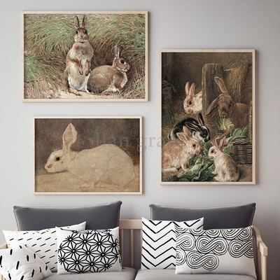 Rabbit Vintage Oil Painting Canvas Art Prints Nursery Poster