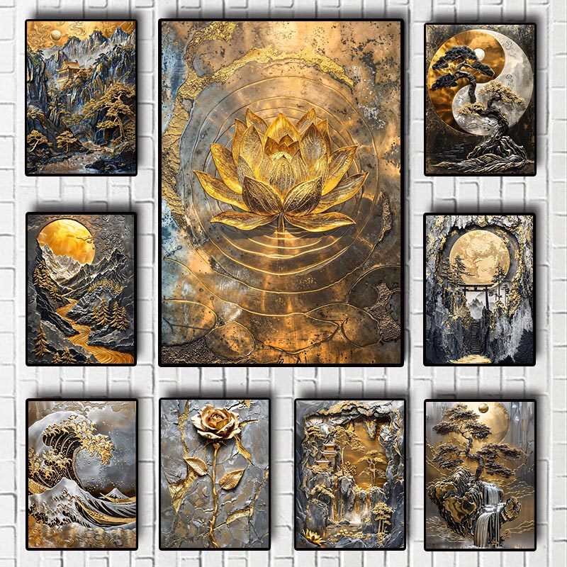 Golden Tree and Moon Abstract Poster Canvas Luxury Wall Art