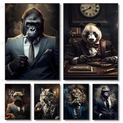 Abstract Smoking Lion Animals Boss Business Canvas Painting