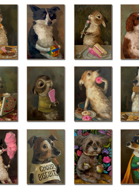 Funny Vintage Art Prints Cute Dog Eat Snacks Retro Poster