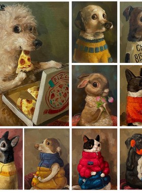 Funny Cute Puppy Eating Pizza Vintage Animal Poster Print