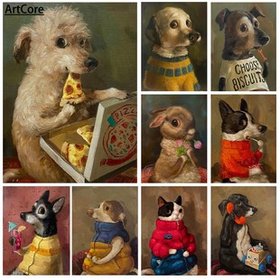 Funny Cute Puppy Eating Pizza Vintage Animal Poster Print