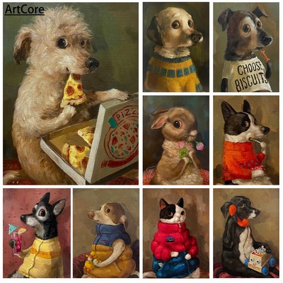 有趣可爱小狗吃披萨复古动物海报