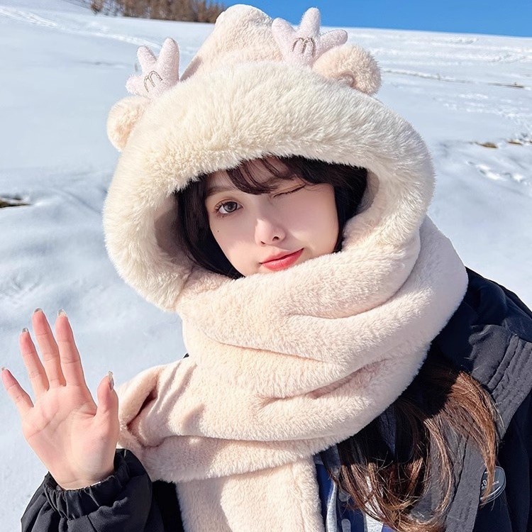 冬季新款帽子女秋冬季围巾手套一体帽围脖可爱显脸小保暖毛绒帽子