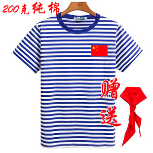 纯棉海魂衫短袖男女宽松t恤蓝白条纹情侣装六一活动服班服工作服