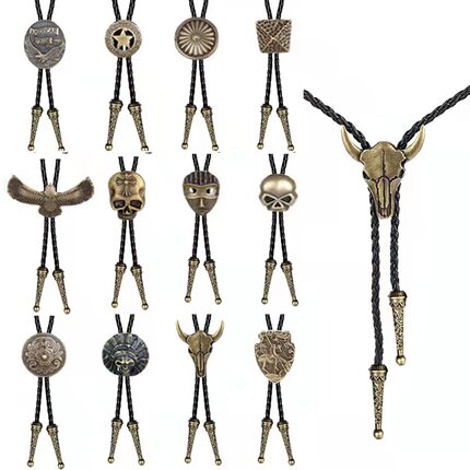 西部新款 可调节牛头复古衬衫链实心波洛领绳皮项链 bolo tie领带