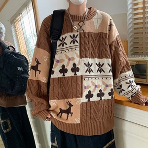 复古撞色毛衣男拼接麻花圆领线衣冬季毛线衫复古拼接保暖宽松外套