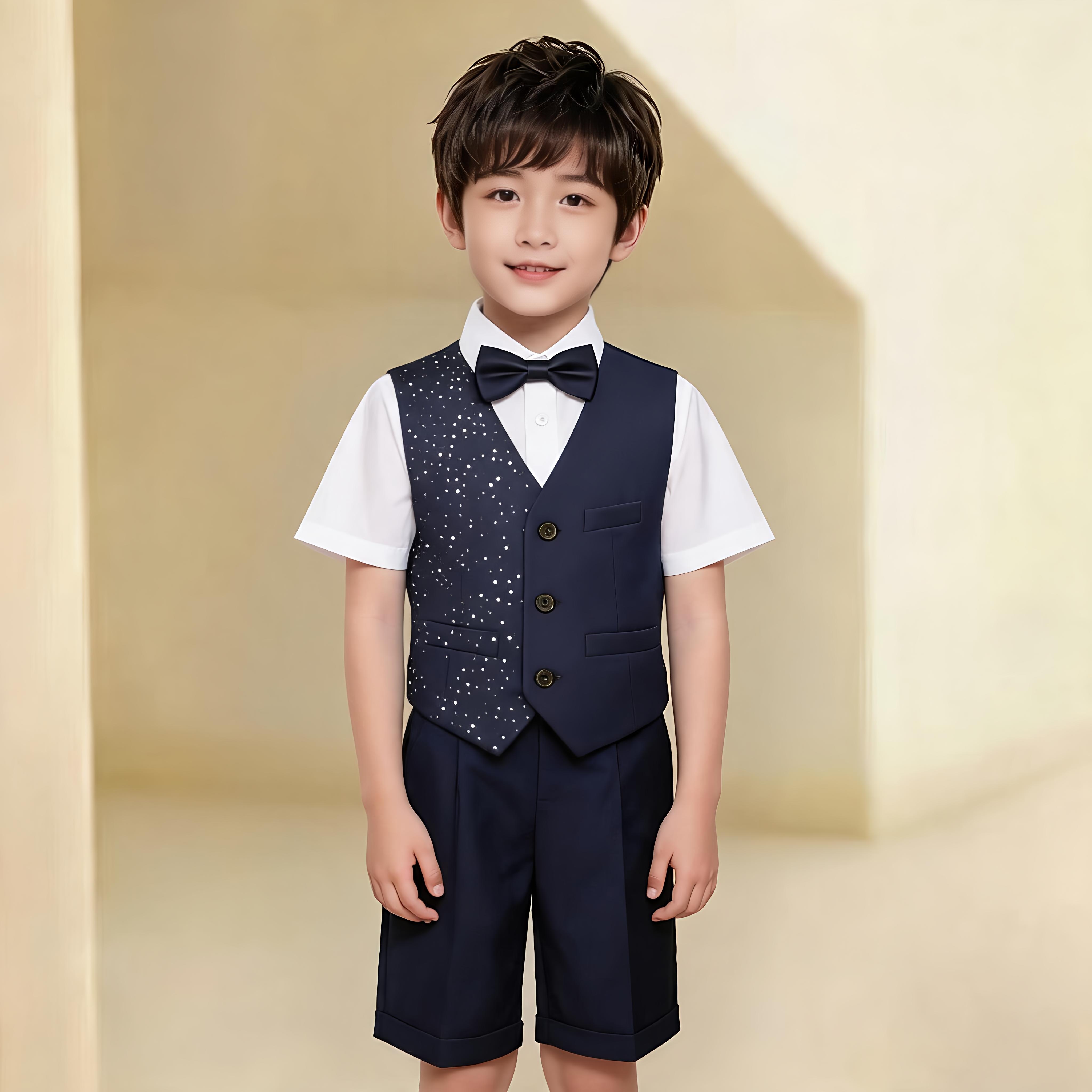 男童西装套装深蓝色亮片马甲主持西服/小西装