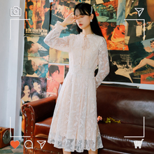 新款 中长款 打底裙子 甜美仙女超仙气质收腰显瘦长袖 蕾丝连衣裙秋装