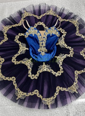定制蓝紫色芭蕾舞裙tutu国际比赛GDC国际大赛手工盘裙金色装饰