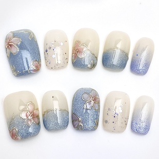 新款 手工穿戴甲椭圆新中方蓝色粉色小花小清新猫眼日常温柔美甲