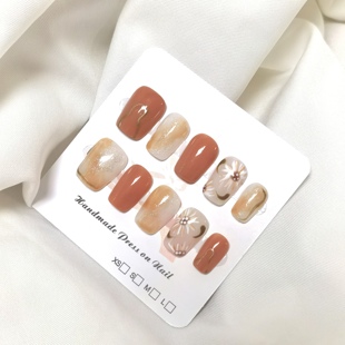 小清新风手工穿戴甲橘色小雏菊手绘雅致朝鲜白超短梯秋季 穿戴美甲