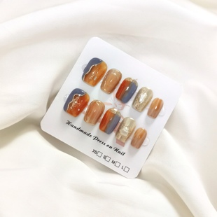 纯手工穿戴甲油画敦煌日落超短梯美甲显白高级低奢金粉短款