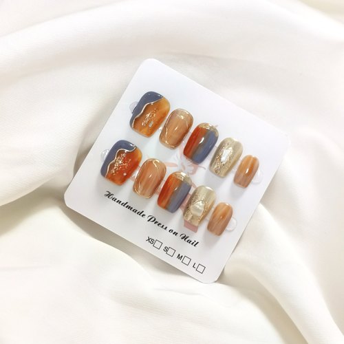 纯手工穿戴甲油画敦煌日落超短梯美甲显白高级低奢金粉短款