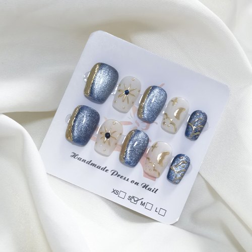 日式纯手工穿戴甲超短梯梵高星空下的深海猫眼闪耀美甲短款显白