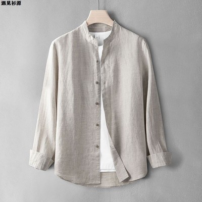 中式复古全亚麻长袖衬衫男士夏季薄款纯麻布料休闲衬衣纯色上衣服
