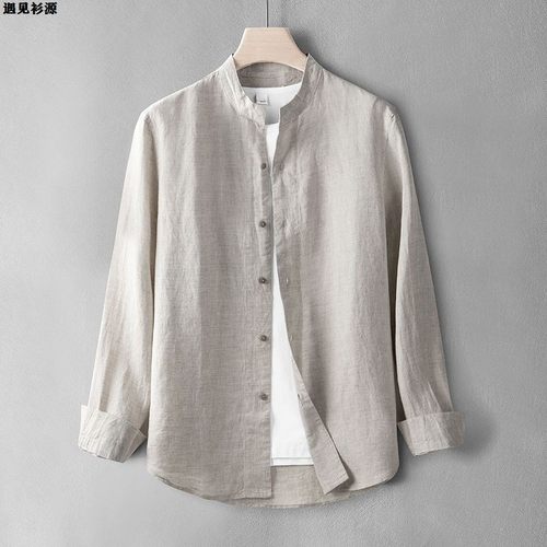 中式复古全亚麻长袖衬衫男士夏季薄款纯麻布料休闲衬衣纯色上衣服