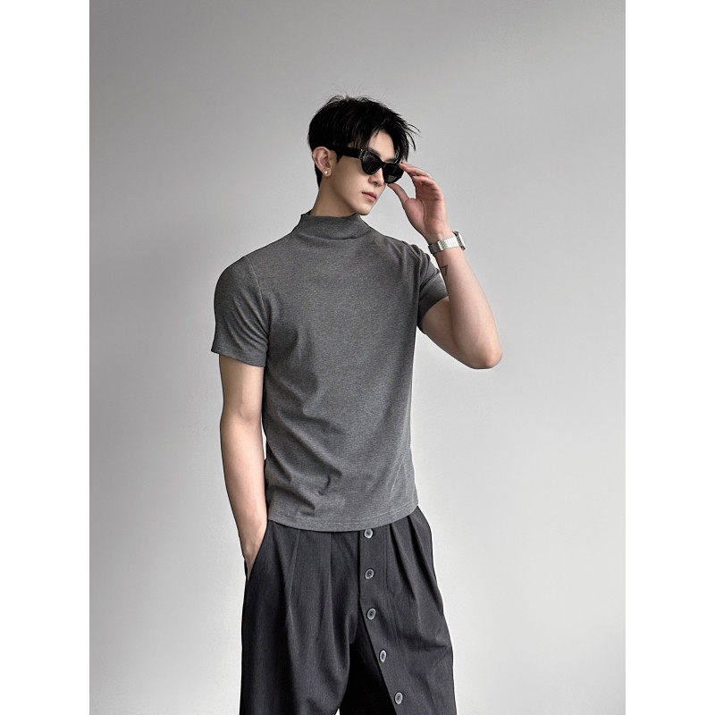 男士斜领半高领短袖T恤 修身显瘦正肩打底衫夏季痞帅弹力百搭上衣