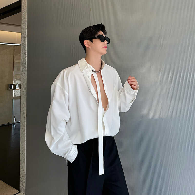 春季新款韩版男士衬衫男长袖宽松休闲衬衣发型师飘带痞帅上衣服