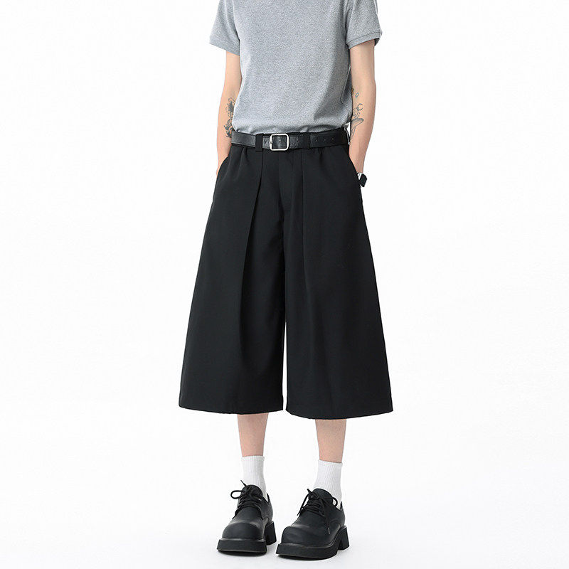 日系垂感黑色七分阔腿西裤男 夏季宽松直筒百搭休闲过膝西装短裤