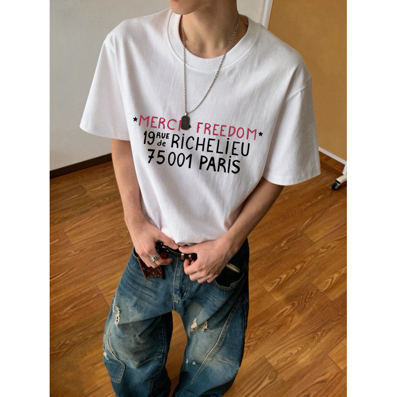 法式复古字母印花落肩短袖T恤男