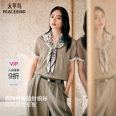 太平鸟搭配丝巾撞色圆领短袖针织