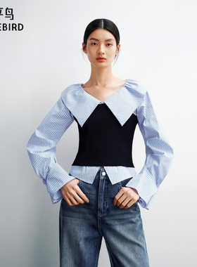 【商场同款】太平鸟通勤截短式拼接针织翻领长袖衬衫女A1CDG1480