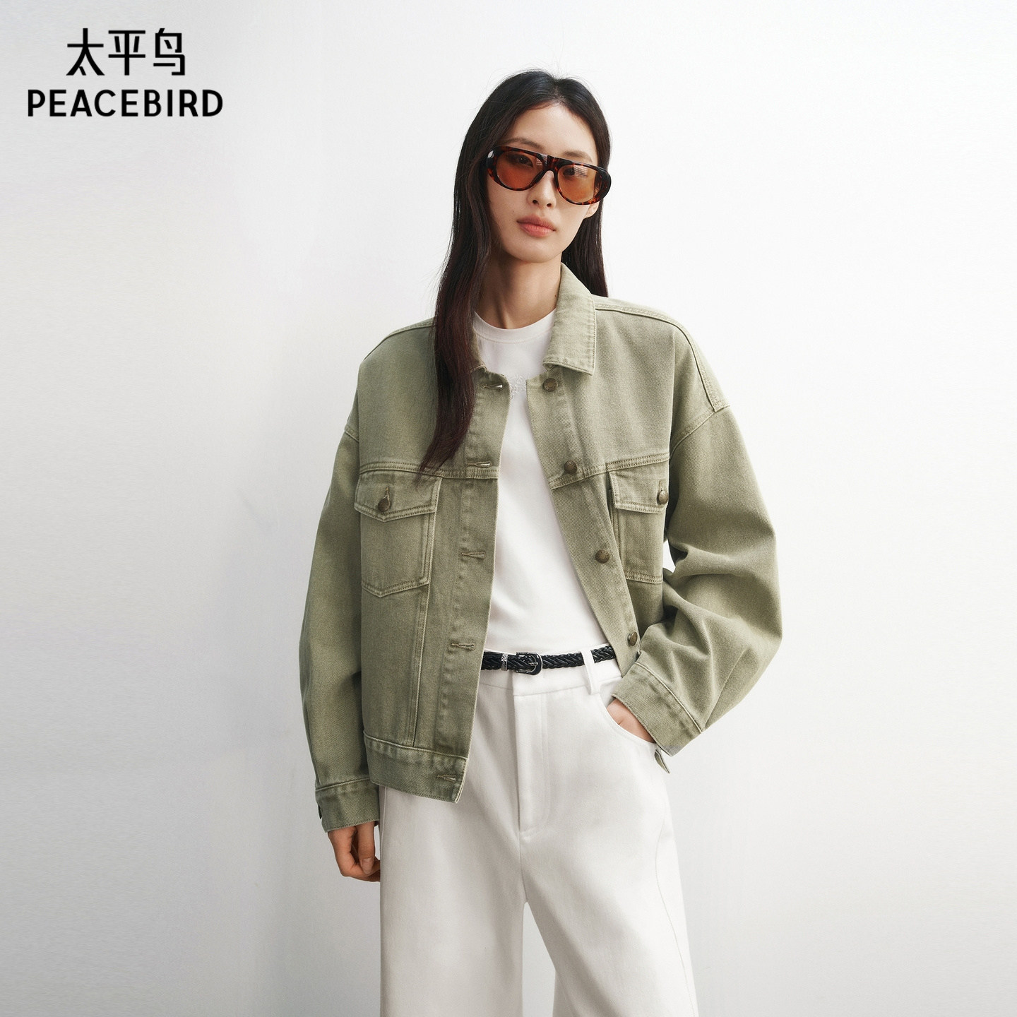 太平鸟落肩袖纯棉牛仔外套女26新春款宽松时尚牛仔外搭上衣女绿色