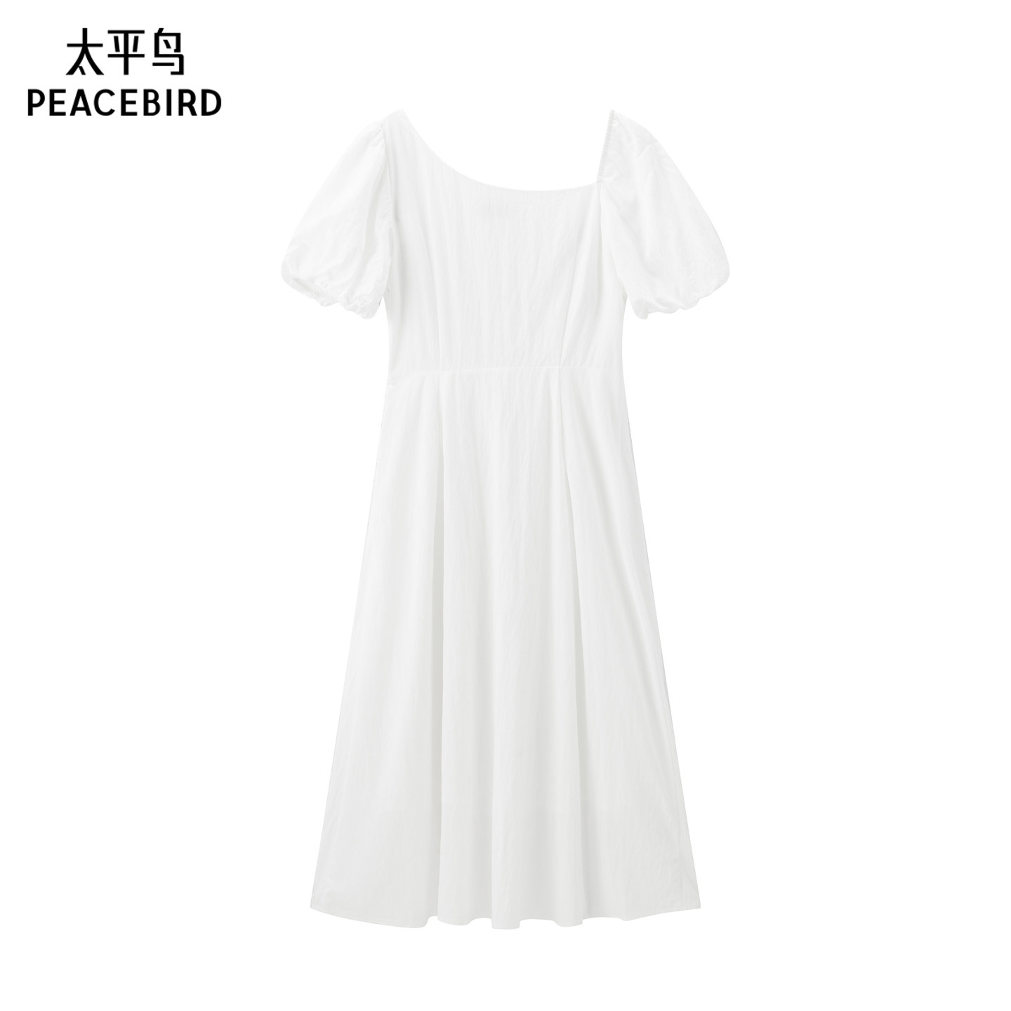 太平鸟白色短袖斜肩连衣裙女品质夏装新款小白裙长裙A1FAF254