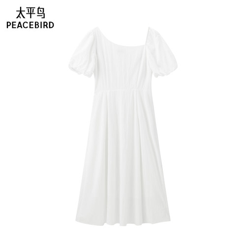 太平鸟白色短袖斜肩连衣裙女品质夏装新款小白裙长裙A1FAF2546
