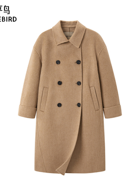 太平鸟冬新款双排扣阿尔巴卡羊驼毛双面呢大衣女A1AAD4425