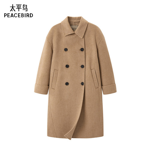 太平鸟冬新款双排扣阿尔巴卡羊驼毛双面呢大衣女A1AAD4425