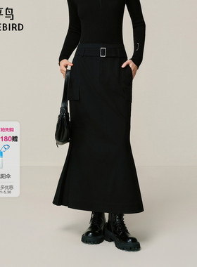 【商场同款】太平鸟黑色鱼尾中长裙女本布腰带半身裙A3GFF4434
