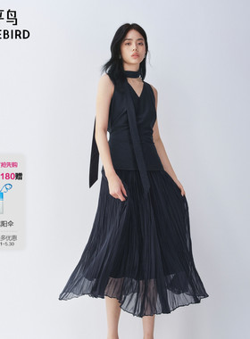 【商场同款】太平鸟法式V领连衣裙女夏2026新款蓝色纱裙A1FAG2456