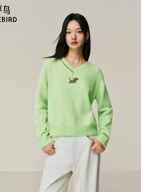 【商场同款】太平鸟羊毛混纺V领撞色小狗图案套头针织衫A3EEF4444