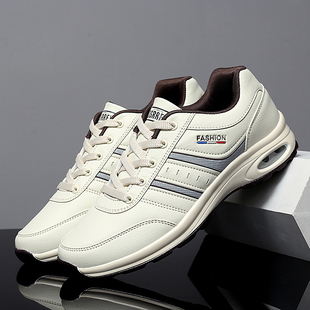 新款男鞋秋季透气皮面跑步鞋防臭软底气垫运动鞋鳄鱼波鞋真皮休闲