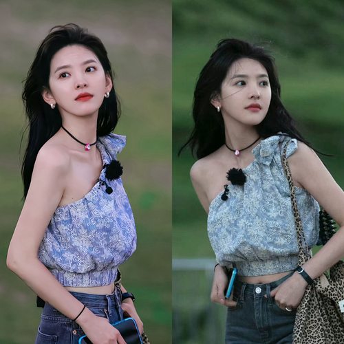 中餐厅章若楠同款斜肩上衣女设计感小众2023夏季高腰露脐短款衬衫