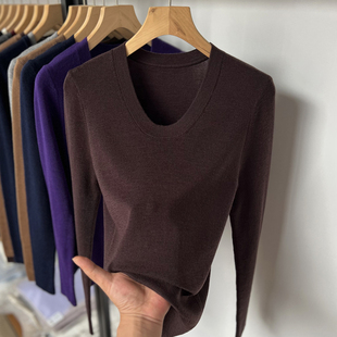 100美丽诺纯羊毛U领修身长袖针织打底衫春秋冬圆领内搭薄款毛衣女